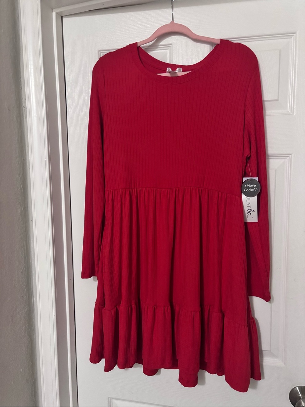 just be Red Ribbed Long Sleeve Tiered Dress with Pockets